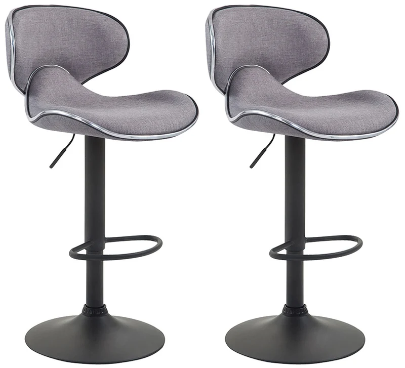 Lot de 2 tabourets de bar sièges modernes aux lignes ondulées en tissu gris clair pied trompette métal noir 10_0006351