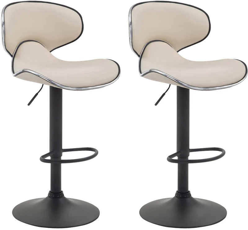 Lot de 2 tabourets de bar sièges modernes aux lignes ondulées en PVC crème pied trompette métal noir 10_0006003