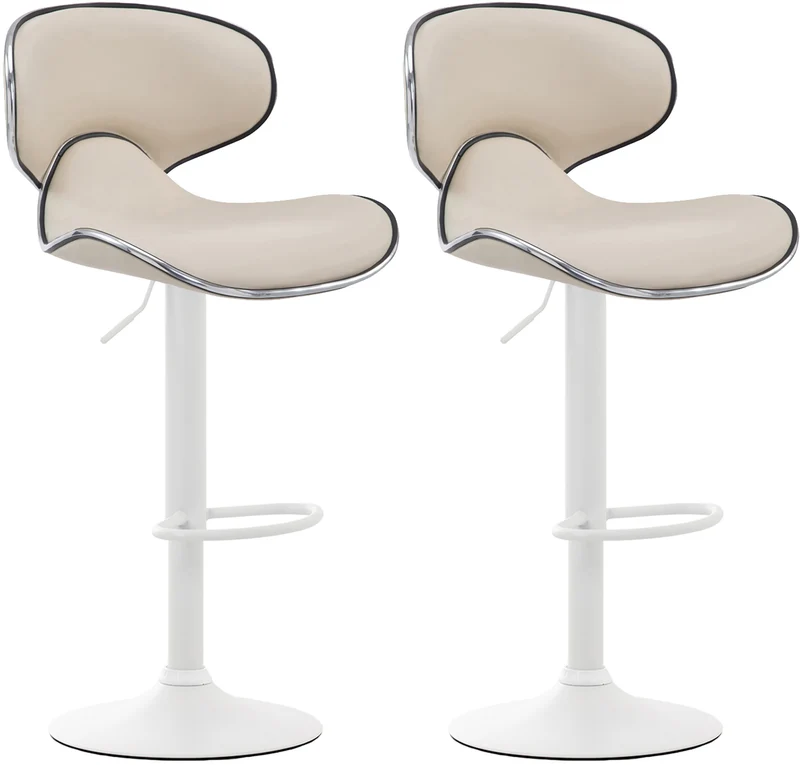 Lot de 2 tabourets de bar sièges modernes aux lignes ondulées en PVC crème pied trompette métal blanc 10_0006002