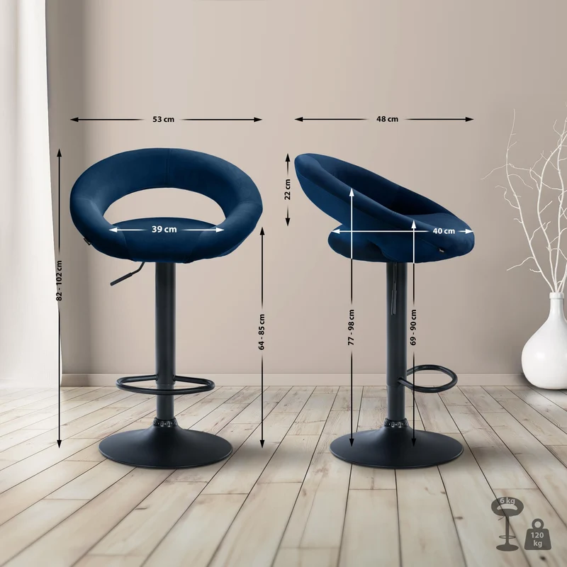 Tabouret de bar x1 assise ronde et style contemporain en velours bleu et métal noir 10_0005969