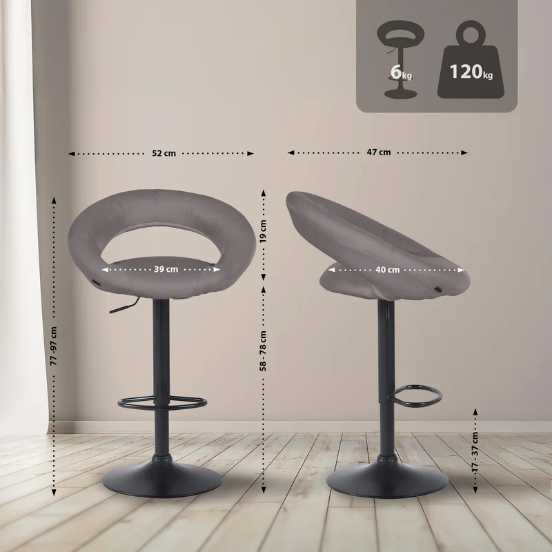 Tabouret de bar x1 assise ronde et style contemporain en tissu gris et métal noir 10_0005921