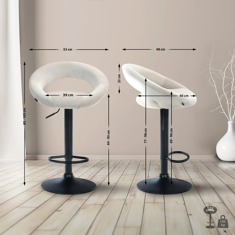 Tabouret de bar x1 assise ronde et style contemporain en velours crème et métal noir 10_0005740