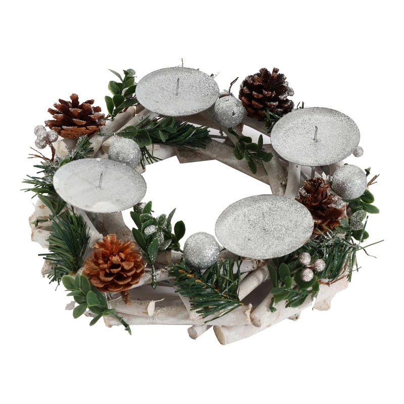 Couronne de l'avent arrangement de l'avent couronne de table décoration de noël en bois argent blanc diamètre 30 cm sans bougies 04_0006549
