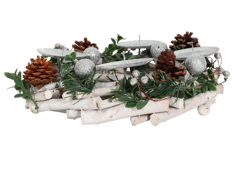 Couronne de l'avent arrangement de l'avent couronne de table décoration de noël en bois argent blanc diamètre 30 cm sans bougies 04_0006549