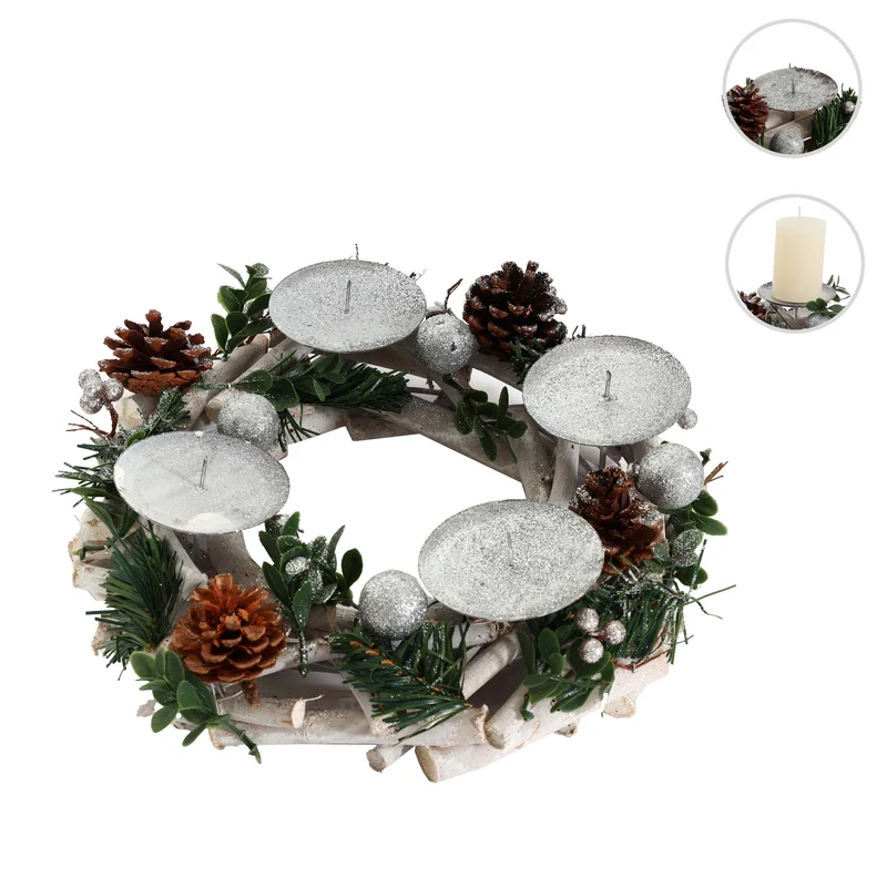 Couronne de l'avent arrangement de l'avent couronne de table décoration de noël en bois argent blanc diamètre 30 cm sans bougies 04_0006549