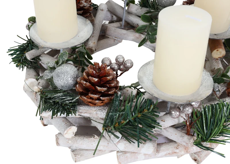 Couronne de l'avent couronne de table décoration de noël bois argent blanc diamètre 30 cm avec bougies 04_0006548