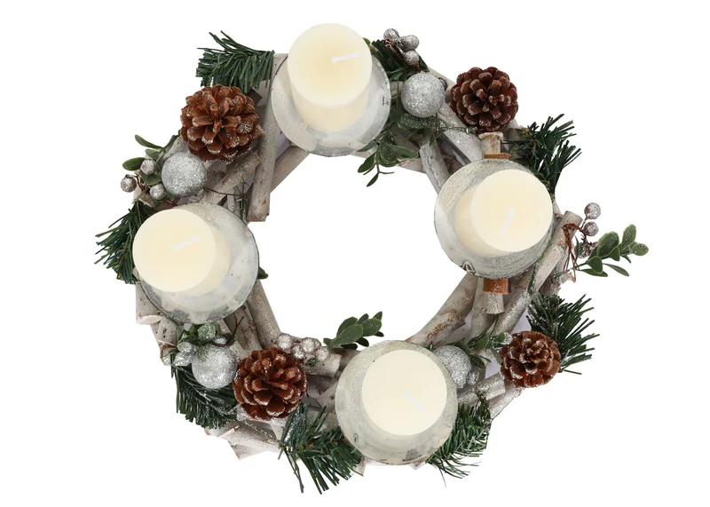 Couronne de l'avent couronne de table décoration de noël bois argent blanc diamètre 30 cm avec bougies 04_0006548