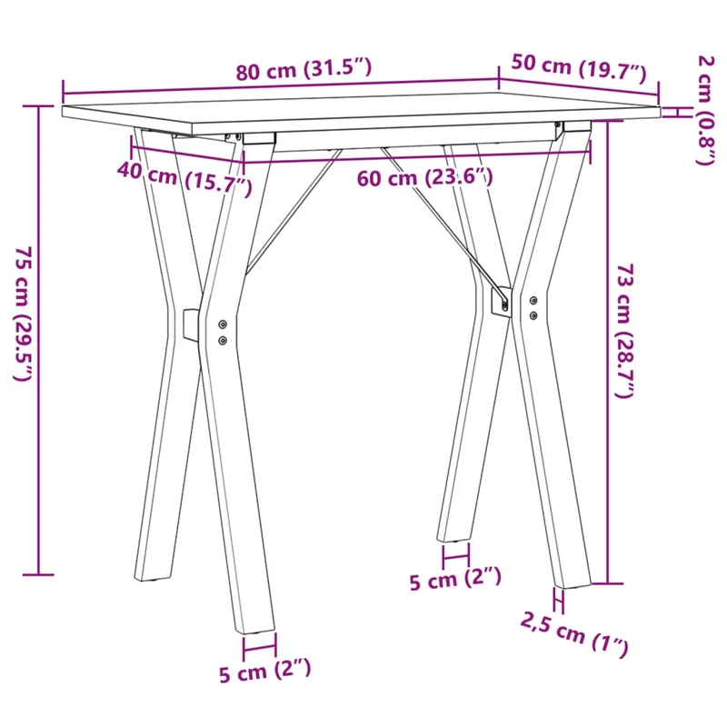 Table de salle à manger cuisine design industriel 80 x 50 x 75 cm bois de pin massif et acier DEC036838