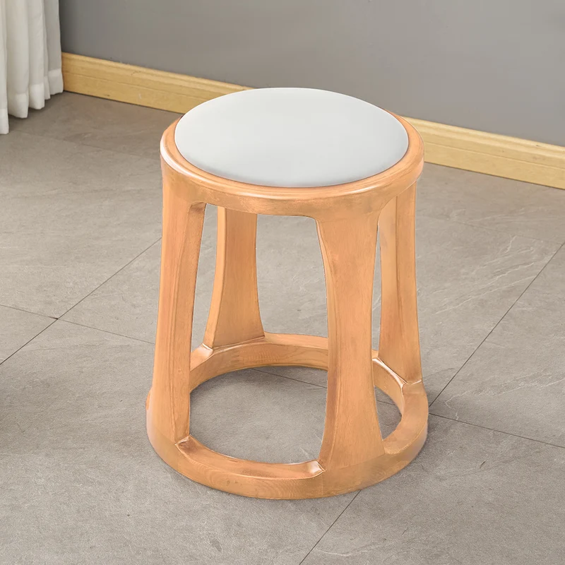 Traditional Chinese Synthetic Fabric & Faux Nappa Leather Rubberwood Round Low Stool For Living Room And Bedroom