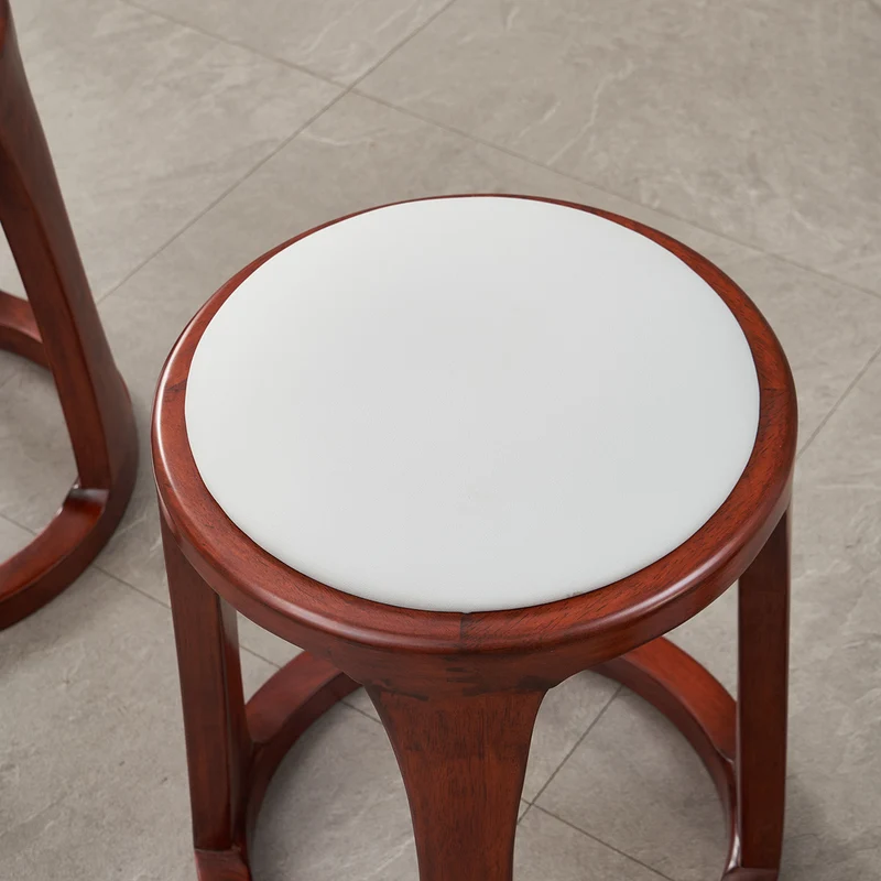 Traditional Chinese Synthetic Fabric & Faux Nappa Leather Rubberwood Round Low Stool For Living Room And Bedroom