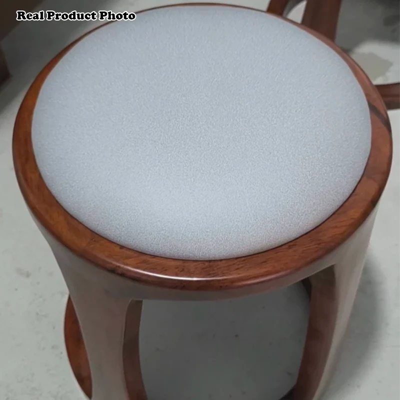 Traditional Chinese Synthetic Fabric & Faux Nappa Leather Rubberwood Round Low Stool For Living Room And Bedroom