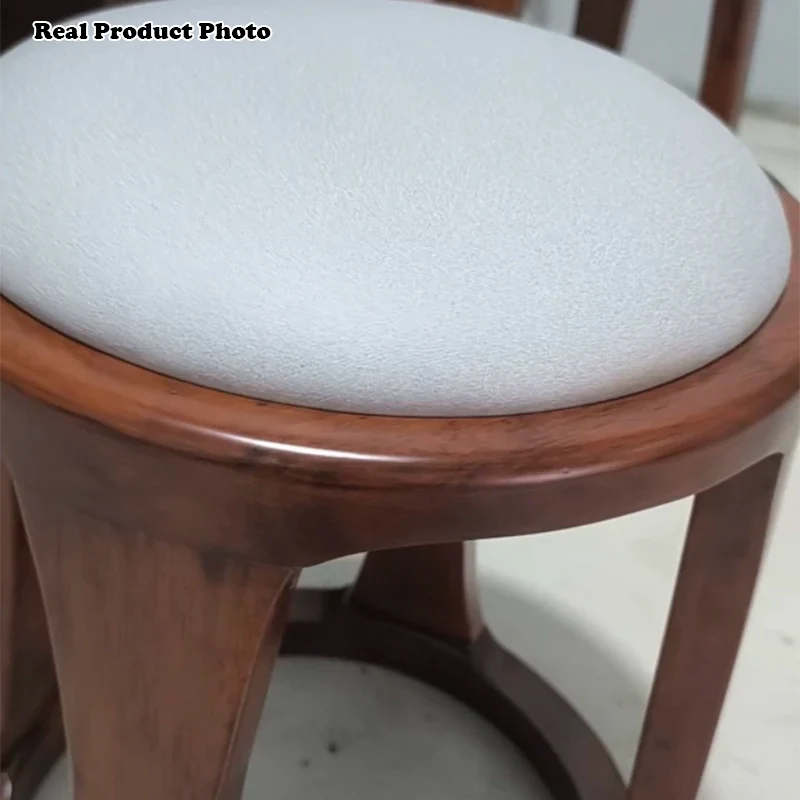 Traditional Chinese Synthetic Fabric & Faux Nappa Leather Rubberwood Round Low Stool For Living Room And Bedroom