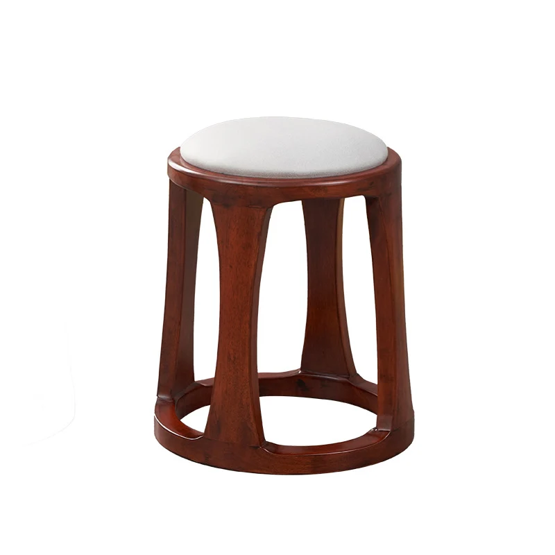 Traditional Chinese Synthetic Fabric & Faux Nappa Leather Rubberwood Round Low Stool For Living Room And Bedroom