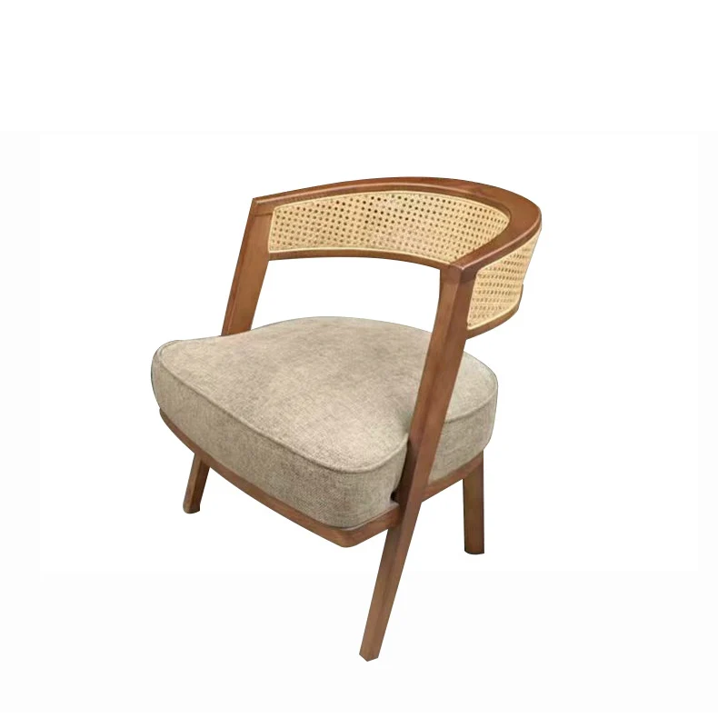 Traditional Japanese Cotton-linen Ash Wood Rattan Weaving Accent Chair With Backrest For Living Room And Dining Room