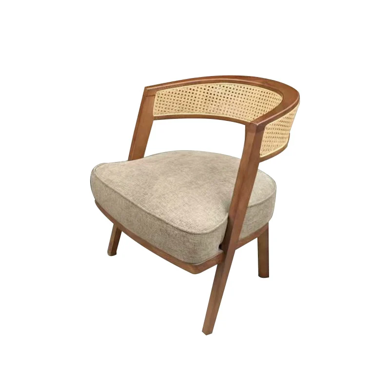 Traditional Japanese Cotton-linen Ash Wood Rattan Weaving Accent Chair With Backrest For Living Room And Dining Room