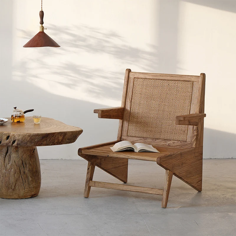 Traditional Japanese Weaving Weathered Wood & Rattan Accent Chair Lounge Chair With Backrest And Armrests For Balcony & Living Room Seating