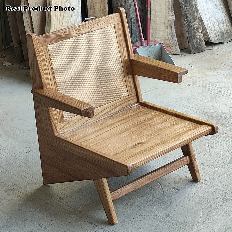 Traditional Japanese Weaving Weathered Wood & Rattan Accent Chair Lounge Chair With Backrest And Armrests For Balcony & Living Room Seating