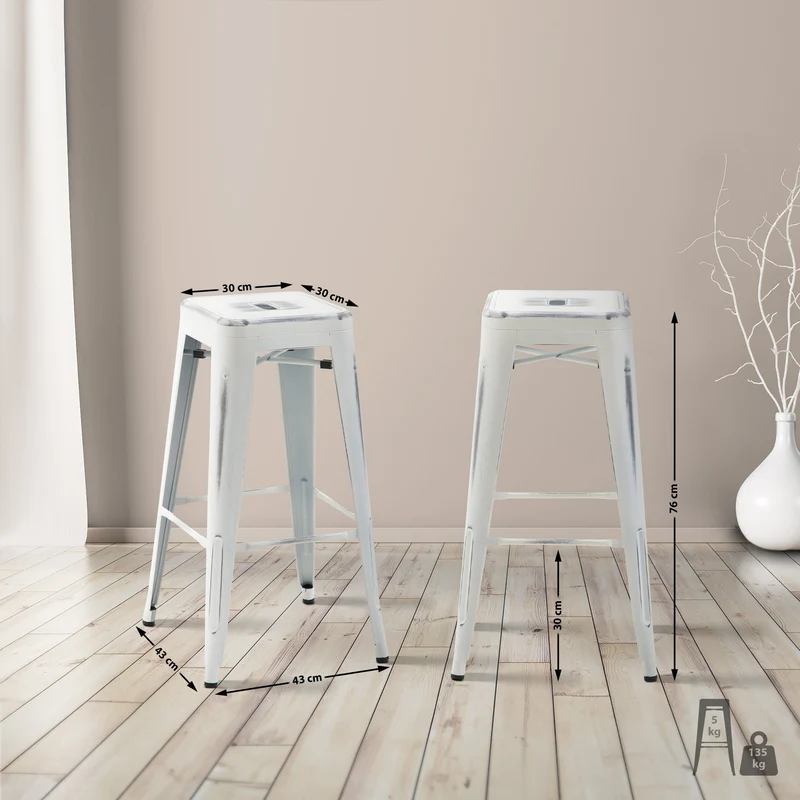 Lot de 2 tabourets de bar hauteur 76 cm design industriel structure robuste à quatre pieds métal blanc effet vieilli 10_0006096