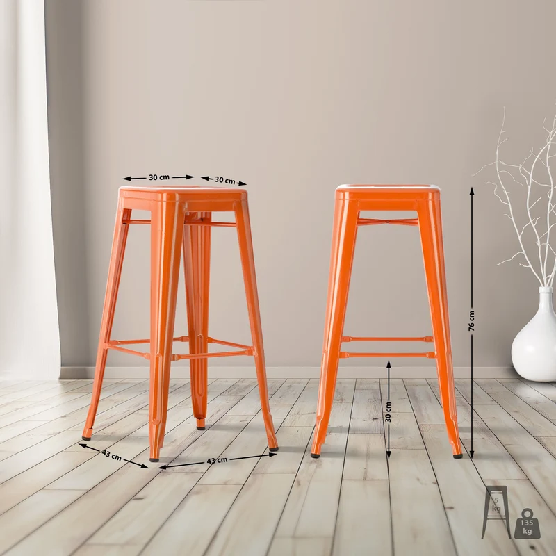 Tabouret de bar x1 hauteur 76 cm design industriel structure robuste à quatre pieds métal orange 10_0005667