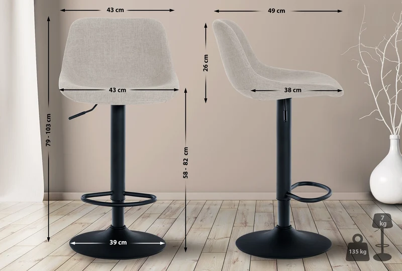 Tabouret de bar x1 rotation à 360°en tissu crème pieds en trompette métal noir 10_0005709