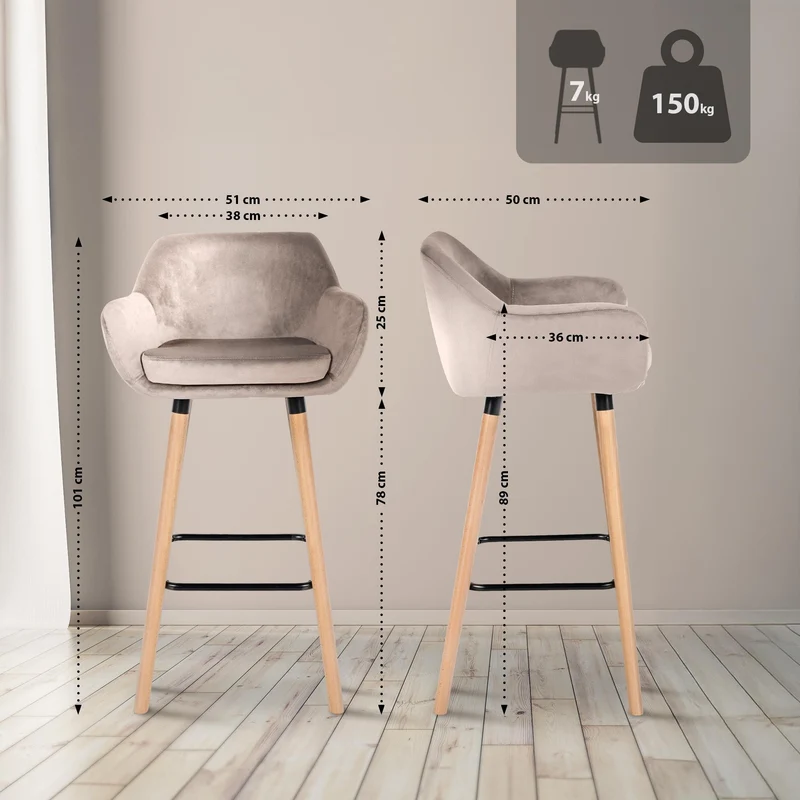 Lot de 2 tabourets de bar design scandinave en velours crème cadre en bois repose-pieds en métal 10_0006762