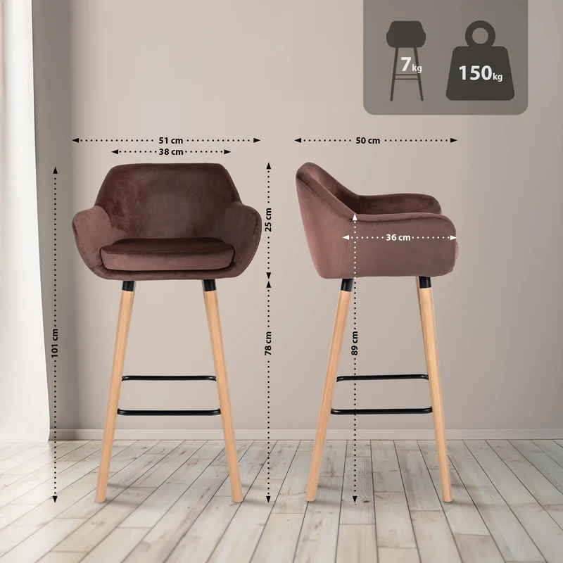 Lot de 2 tabourets de bar design scandinave en velours marron cadre en bois repose-pieds en métal 10_0006589