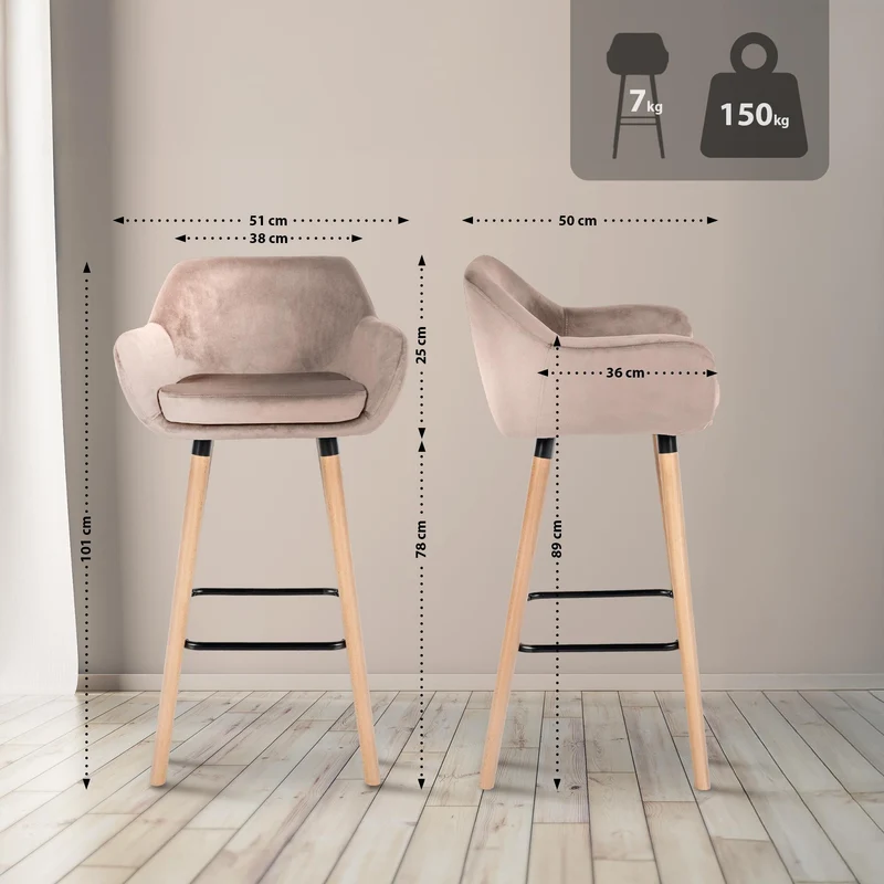 Tabouret de bar x1 design scandinave en velours gris clair cadre en bois repose-pieds en métal 10_0006075