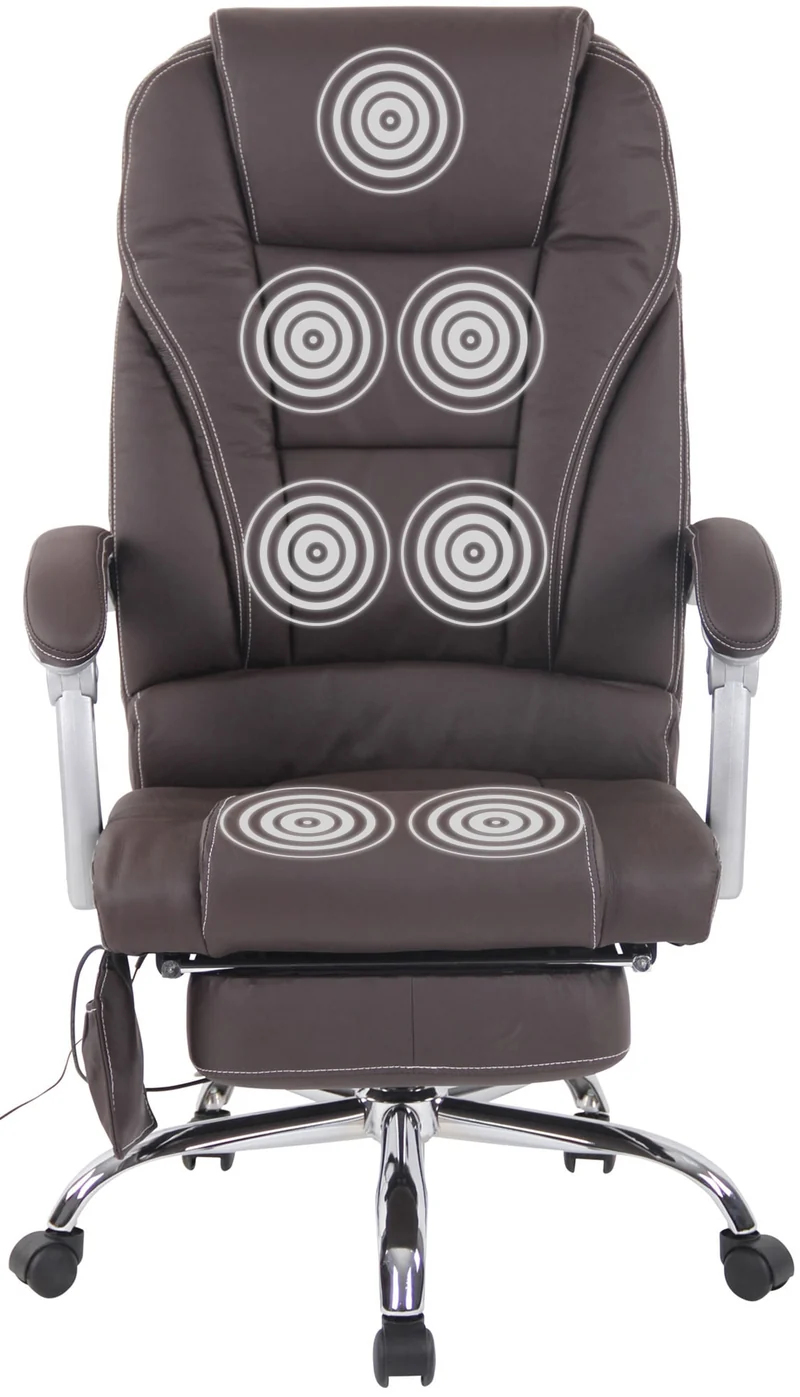 Fauteuil de bureau ergonomique fonction massage avec repose-pieds extensible accoudoirs véritable cuir marron et métal 10_0006986