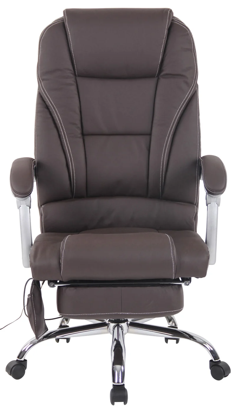 Fauteuil de bureau ergonomique fonction massage avec repose-pieds extensible accoudoirs véritable cuir marron et métal 10_0006986