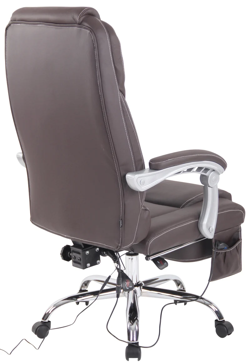 Fauteuil de bureau ergonomique fonction massage avec repose-pieds extensible accoudoirs véritable cuir marron et métal 10_0006986