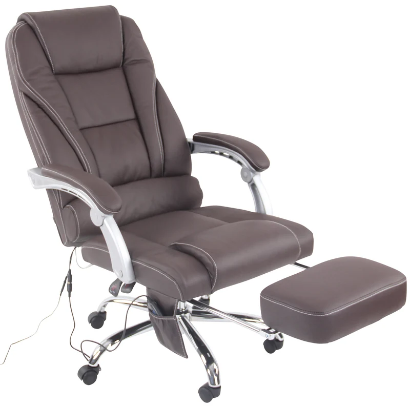 Fauteuil de bureau ergonomique fonction massage avec repose-pieds extensible accoudoirs véritable cuir marron et métal 10_0006986