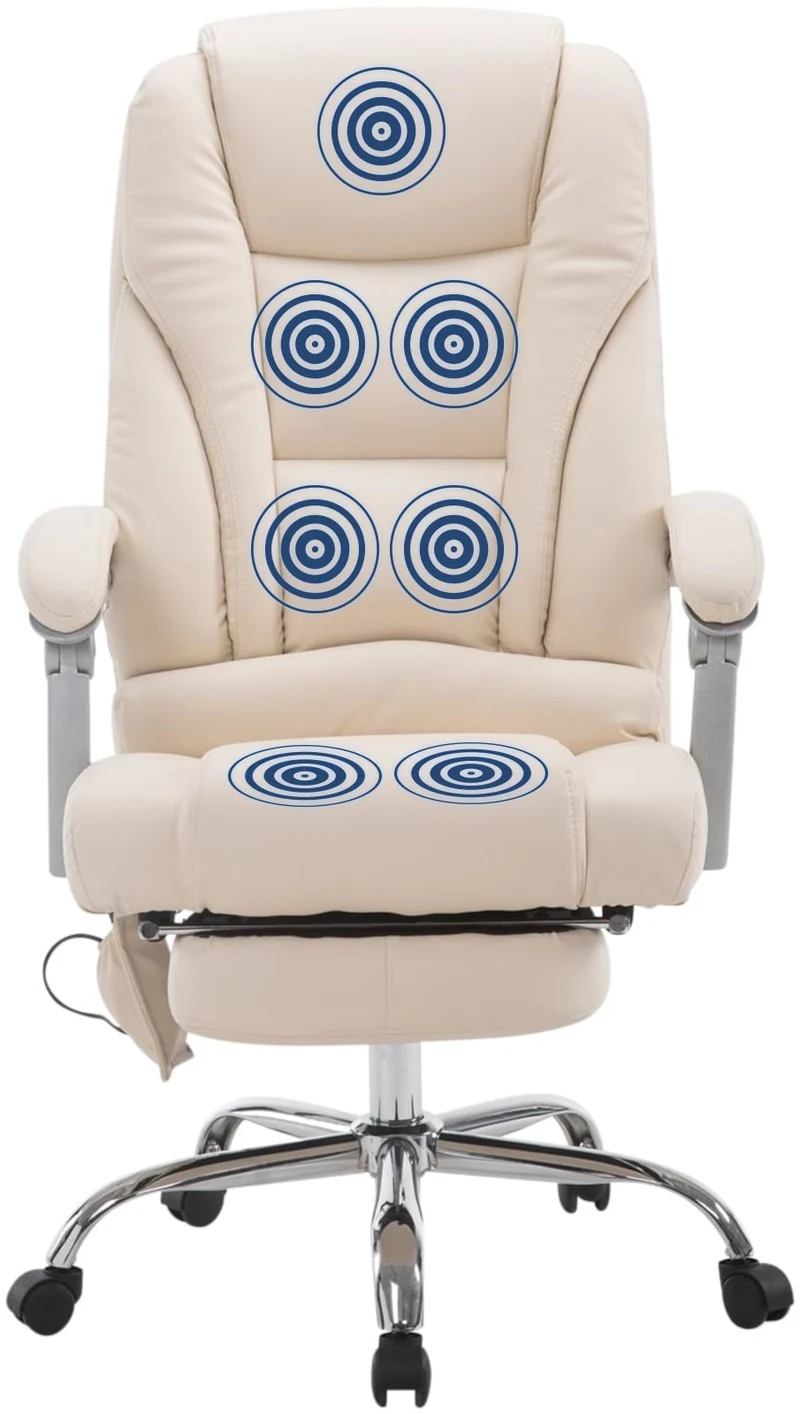 Fauteuil de bureau ergonomique fonction massage avec repose-pieds extensible accoudoirs en PVC crème et métal 10_0006967