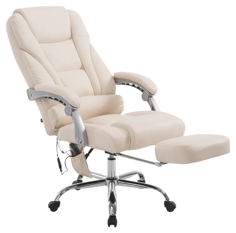 Fauteuil de bureau ergonomique fonction massage avec repose-pieds extensible accoudoirs en PVC crème et métal 10_0006967