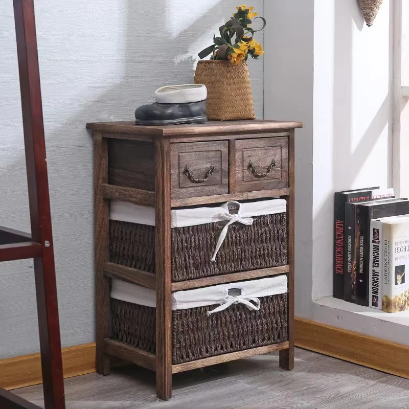 Traditional Vintage Rectangle Cube Paulownia Wood Rope Weaving Storage Cabinet 3/4/5 - Tier For Living Room