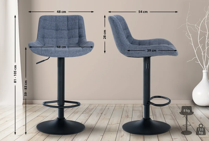 Lot de 2 tabourets de bar structure métallique noir assise en tissu bleu avec surpiqûres 10_0004446