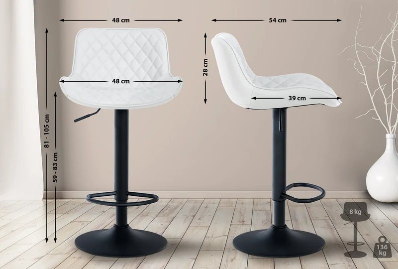 Tabouret de bar x1 assise avec coutures décoratives losange en PVC blanc et pieds en métal noir 10_0005224