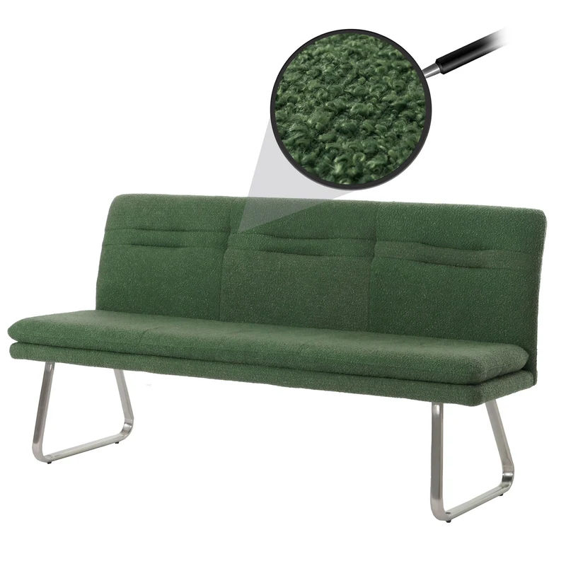 Banc de salle à manger banquette rembourrée avec dossier en tissu bouclé vert et acier inoxydable brossé 180 cm 04_0005855