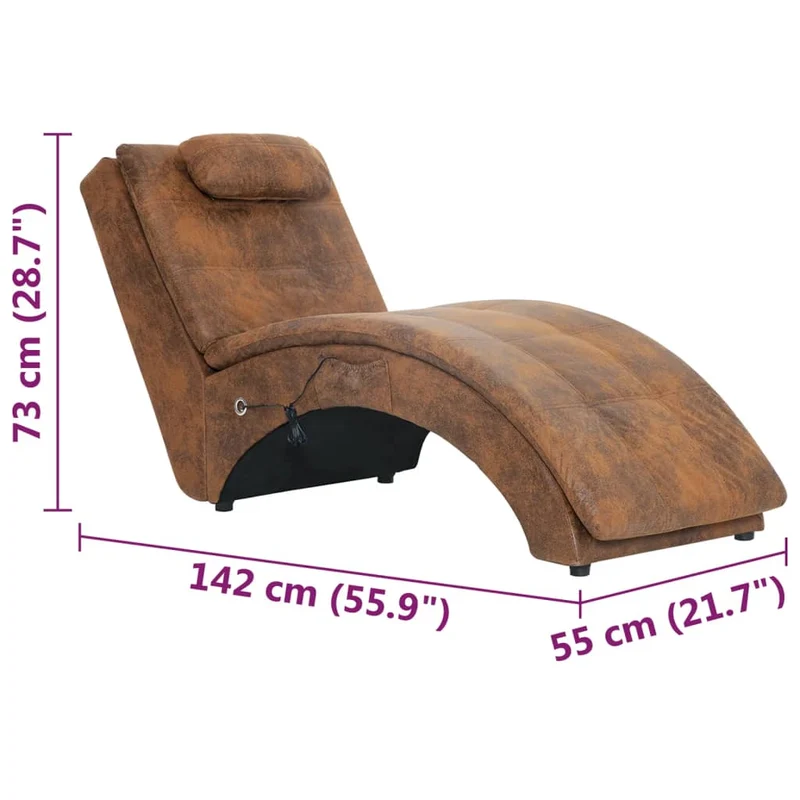 Méridienne chaise longue canapé pour intérieur fonction massage avec oreiller en PVC aspect daim brun DEC026138