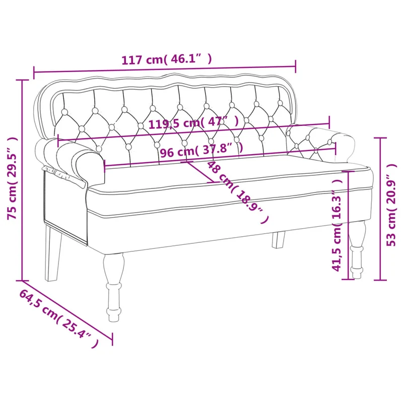 Banquette banc avec dossier capitonné et accoudoirs 119,5 x 64,5 x 75 cm velours crème DEC024643