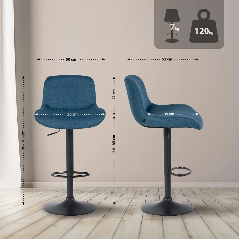 Lot de 2 tabourets de bar réglable en hauteur et rotatif repose-pieds en tissu bleu cadre en métal noir 10_0006419