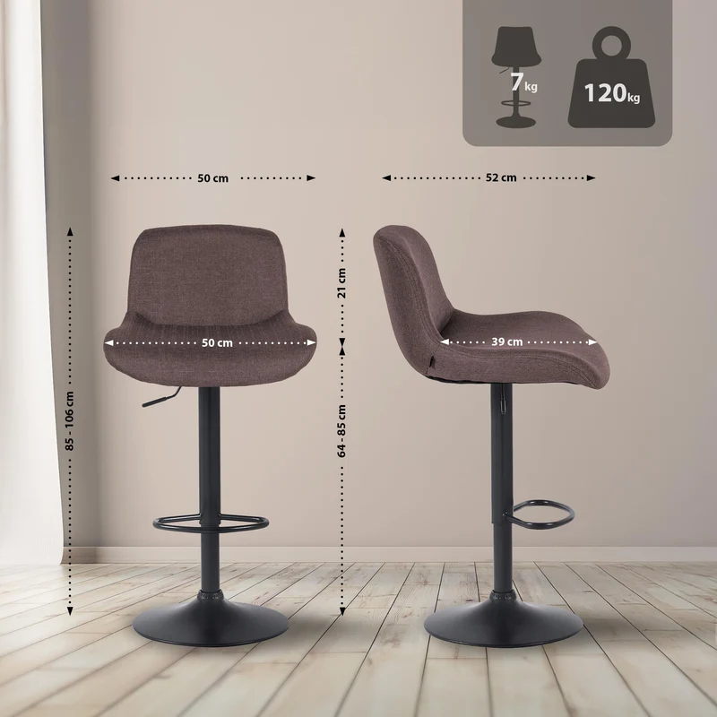 Lot de 2 tabourets de bar réglable en hauteur et rotatif repose-pieds en tissu marron cadre en métal noir 10_0006245