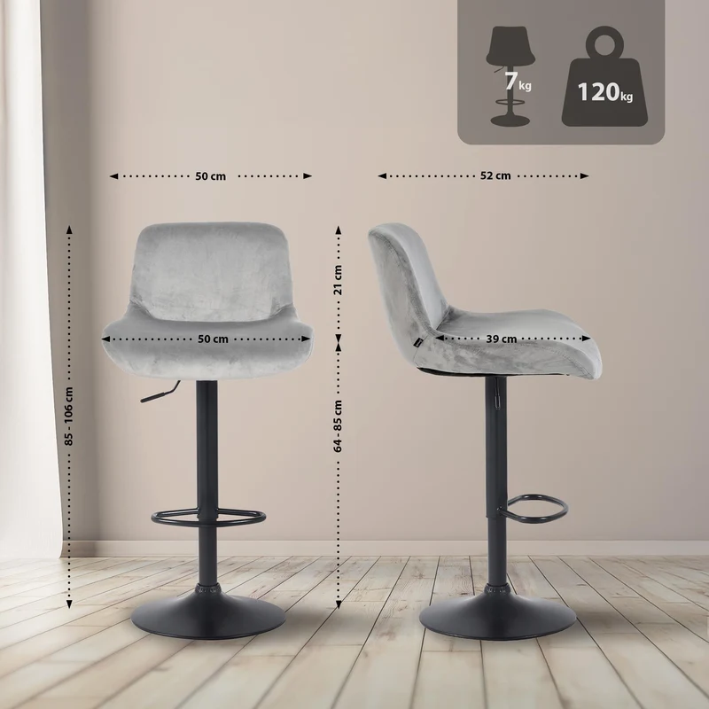 Lot de 2 tabourets de bar réglable en hauteur et rotatif repose-pieds en velours gris cadre en métal noir 10_0006181