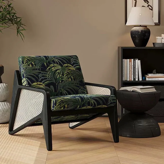 Traditional French Weaving Rattan Rubber Wood Fabric Square Jacquard Accent Chair Backrest Armrest For Living Room