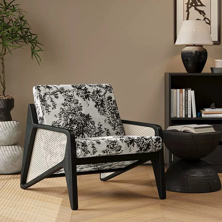 Traditional French Weaving Rattan Rubber Wood Fabric Square Jacquard Accent Chair Backrest Armrest For Living Room