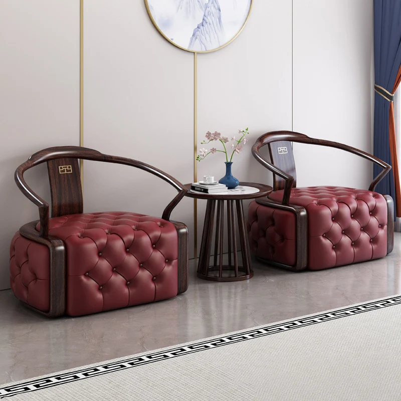 Traditional Chinese Ebonized Wood Microfiber Leather Round Accent Chair & Table Set For Living Room