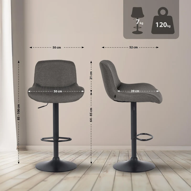 Lot de 2 tabourets de bar réglable en hauteur et rotatif repose-pieds en tissu gris foncé cadre en métal noir 10_0006087
