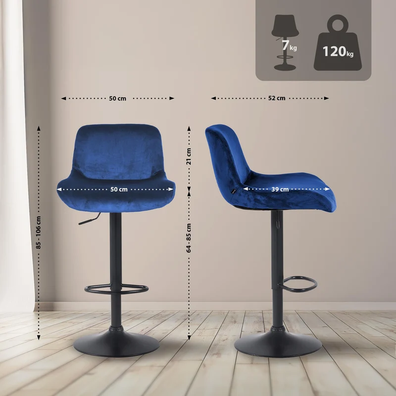 Tabouret de bar x1 réglable en hauteur et rotatif repose-pieds en velours bleu cadre en métal noir 10_0006015