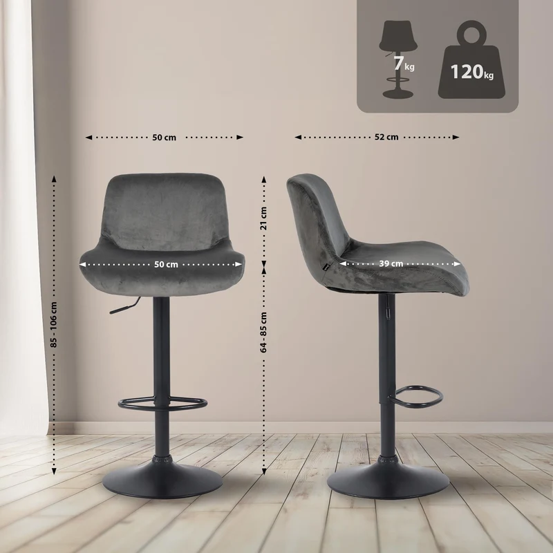 Tabouret de bar x1 réglable en hauteur et rotatif repose-pieds en velours gris foncé cadre en métal noir 10_0005795