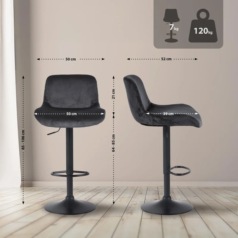 Tabouret de bar x1 réglable en hauteur et rotatif repose-pieds en velours noir cadre en métal noir 10_0005753
