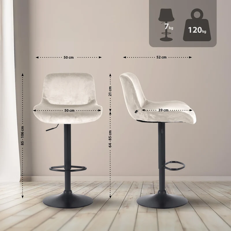 Tabouret de bar x1 réglable en hauteur et rotatif repose-pieds en velours crème cadre en métal noir 10_0005752